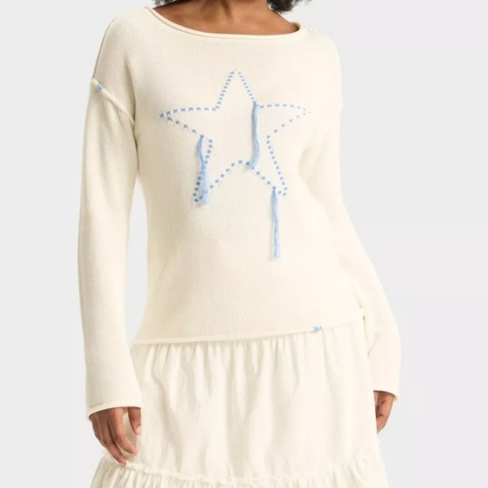 Wild Fable Cream Sweater with Blue Accents